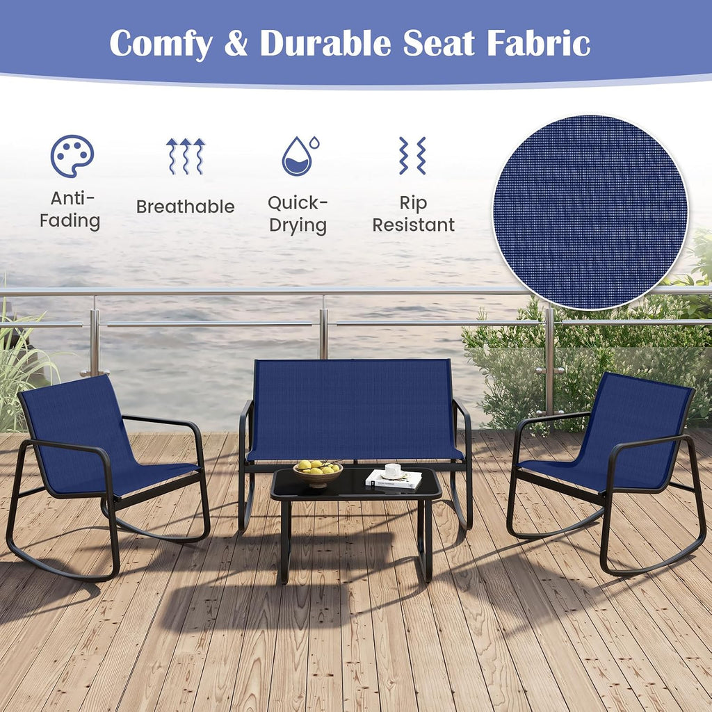 Tangkula 8 Piece Rocking Patio Furniture Set, 4 Rocking Chairs & 2 Loveseat with Glass-Top Table, Patio Rocking Set with Smooth Rocking Motion, Outdoor Rocker Conversation Set for Porch, Yard
