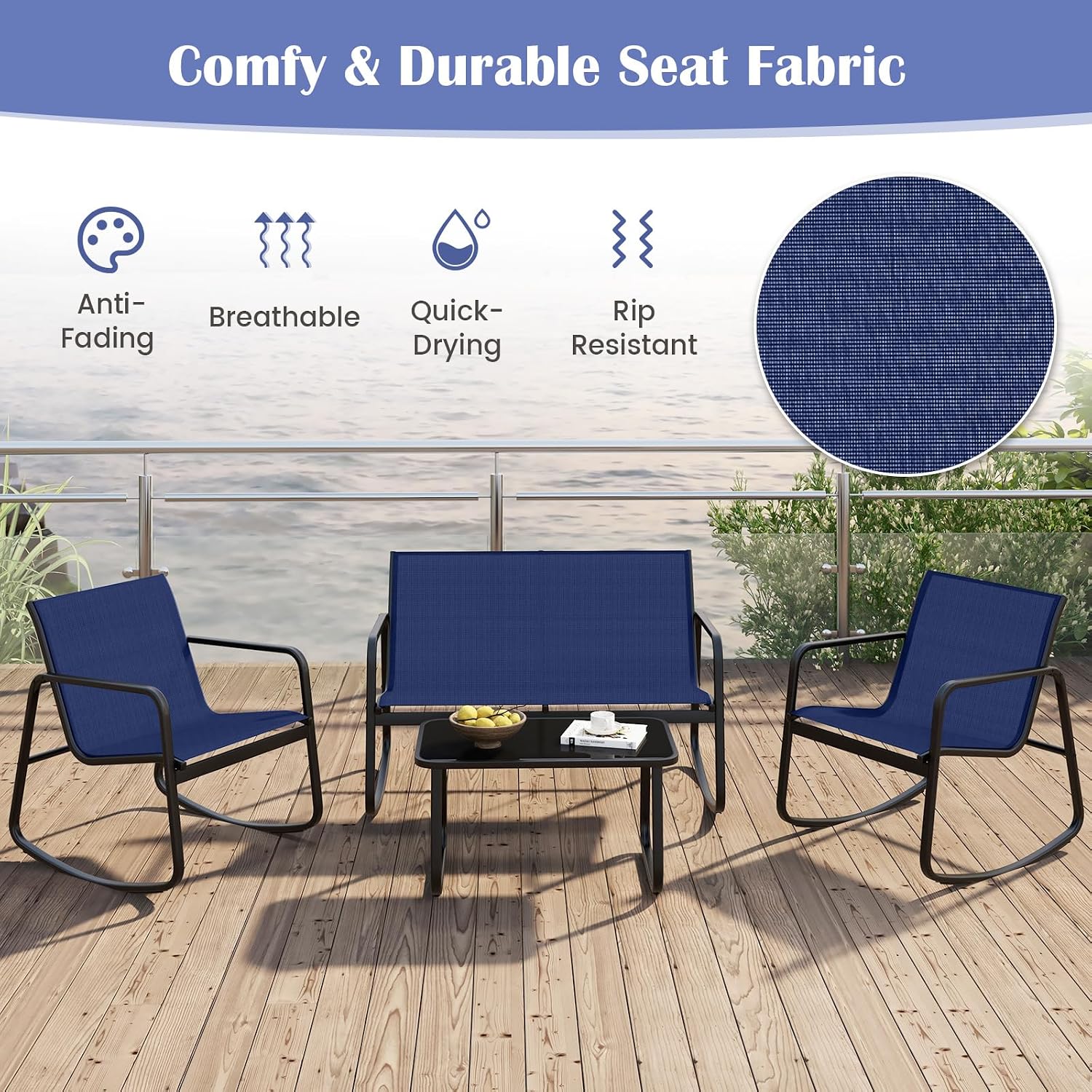 Tangkula 8 Piece Rocking Patio Furniture Set, 4 Rocking Chairs & 2 Loveseat with Glass-Top Table, Patio Rocking Set with Smooth Rocking Motion, Outdoor Rocker Conversation Set for Porch, Yard