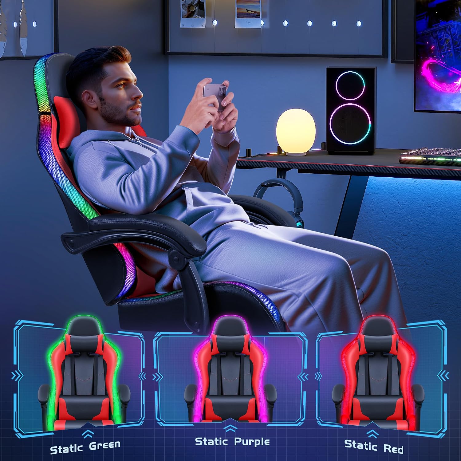 Furmax Gaming Chair with RGB LED Lights, Video Game Chair with Footrest and Massage Lumbar Support, High Back Reclining Computer Chair with Headrest, Swivel Seat Gamer Chair (LED Red)