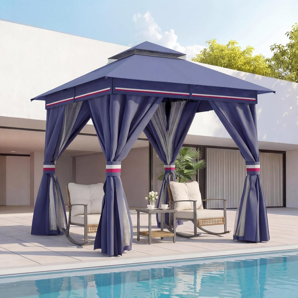 LAUSAINT HOME Gazebo 8x8ft, Heavy Duty Patio Gazebo with Expansion Bolts, Party Canopy Tent with Double Roofs, Mosquito Nettings and Privacy Screens for Backyard, Garden, Lawn, Classic Blue