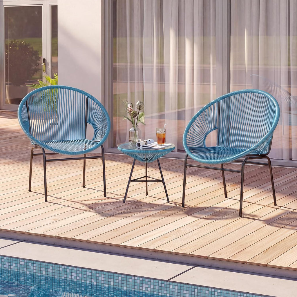 Tangkula 3 Piece Outdoor Patio Furniture Set, Acapulco Chair Set w/Plastic Rope, Tempered Glass Table, All Weather Patio Bistro Set for Patio, Lawn, Garden, Backyard (Turquoise)