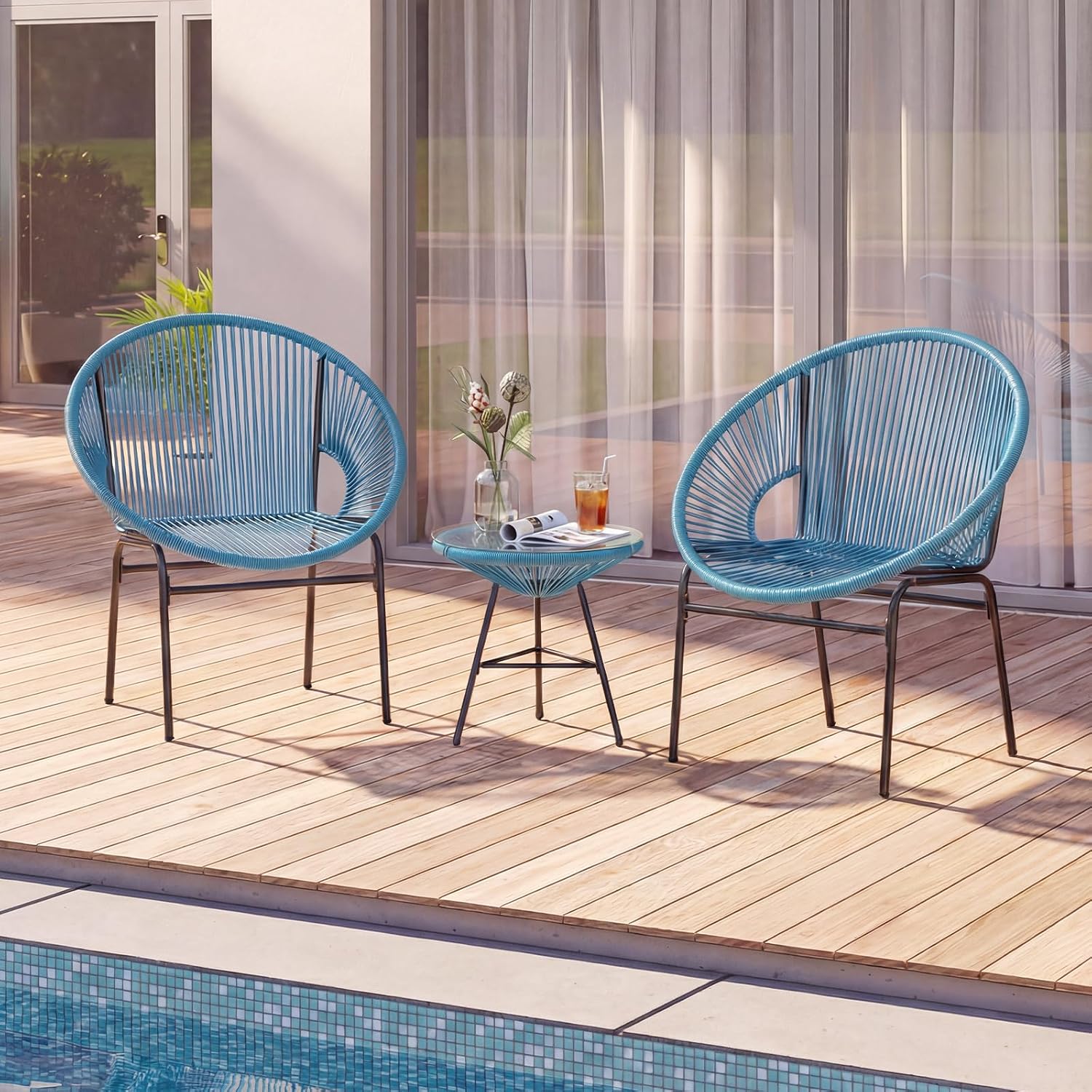 Tangkula 3 Piece Outdoor Patio Furniture Set, Acapulco Chair Set w/Plastic Rope, Tempered Glass Table, All Weather Patio Bistro Set for Patio, Lawn, Garden, Backyard (Turquoise)