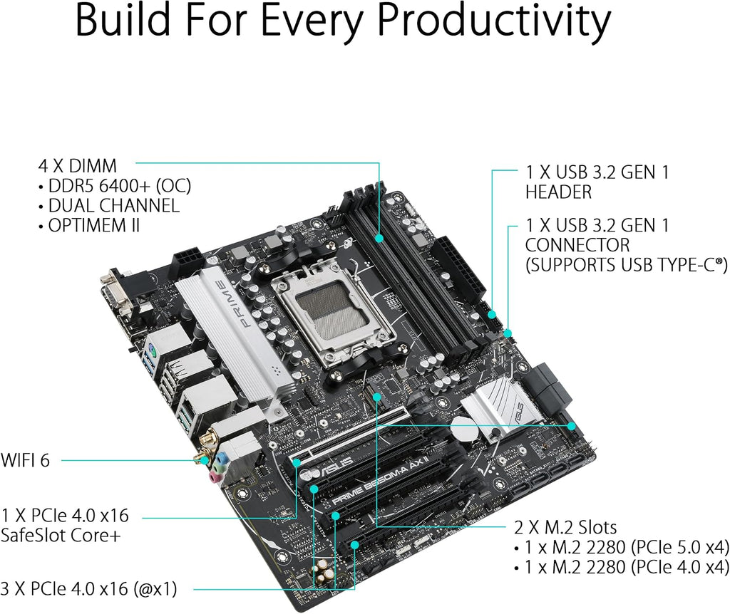 ASUS Prime B650M-A AX II AMD B650 AM5 Ryzen™ Desktop 9000 8000 & 7000 Micro-ATX mATX Motherboard, DDR5, PCIe 5.0 M.2, 2.5Gb LAN, Wi-Fi 6, DisplayPort, HDMI®, USB 3.2, USB 3.2 Type-C®, BIOS Flashback™