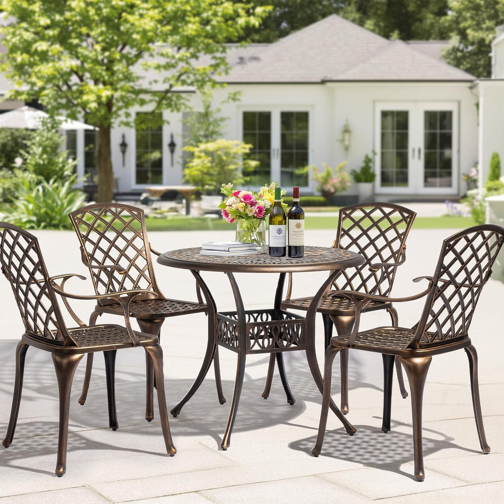 VINGLI 5 Pieces Outdoor Patio Dining Set, Cast Aluminium Patio Furniture Set with 4 Chairs and 1 Umbrella Table for Yard, Garden, Porch and Poolside, Bronze (Round Table)