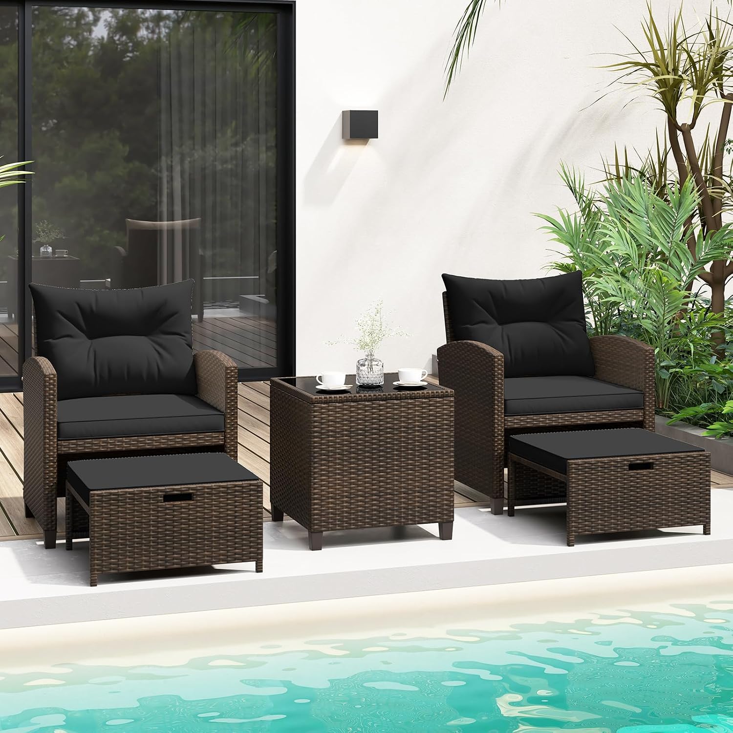 KOTEK 5 Pieces Patio Furniture Set with Ottomans, Wicker Patio Conversation Set with Coffee Table & Cushions, PE Rattan Outdoor Lounge Chairs for Backyard, Porch, Poolside (Mix Brown- Black)