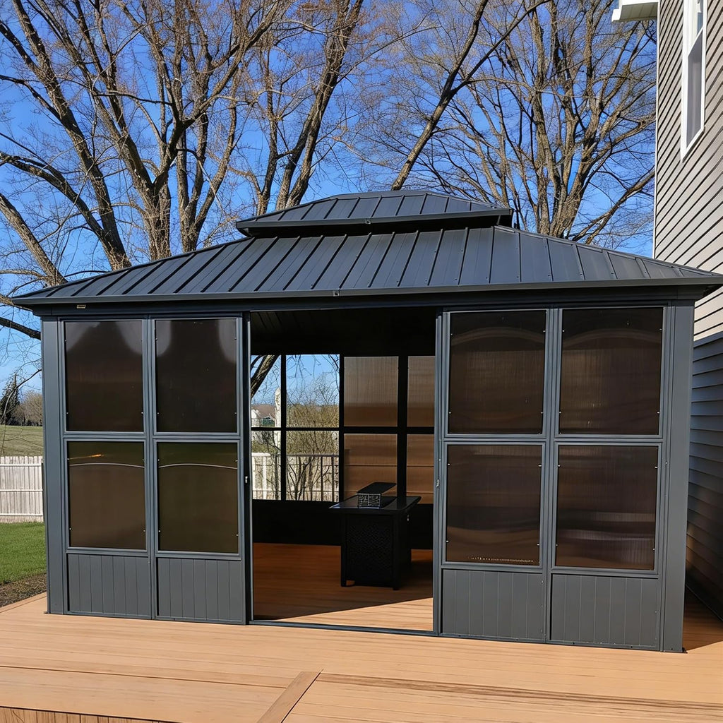 PURPLE LEAF Sunroom Solarium Screened Gazebo 10' x 13', Enclosed Gazebo with Mesh & Removable PC Panels, Magnetic Sliding Doors, Aluminum Frame for Outdoor Living Space, Backyard Lounge & Dining