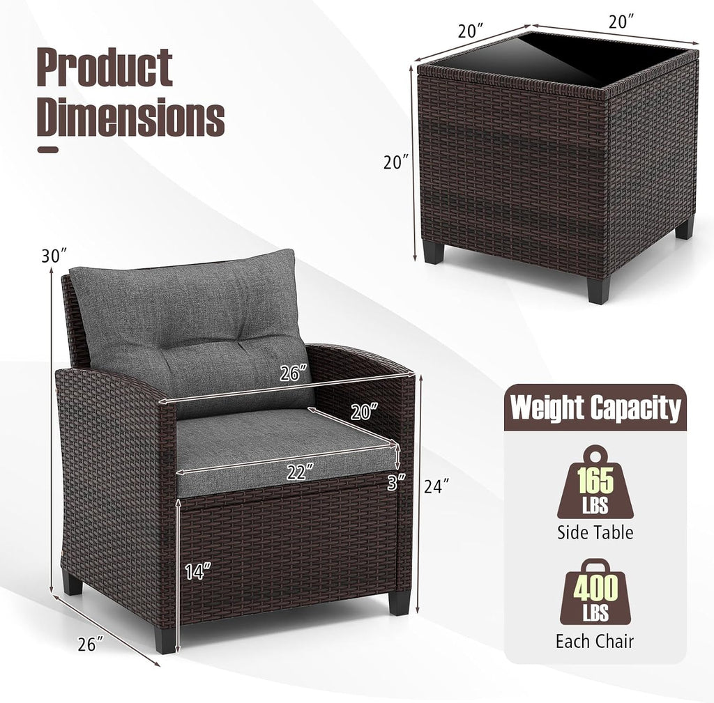 RELAX4LIFE 3-Piece Patio Furniture Set - Wicker Bistro Conversation Set w/2 Cushioned Armchairs & Glass Topped Table, Outdoor Rattan Sofa for Porch Balcony Poolside (Grey)