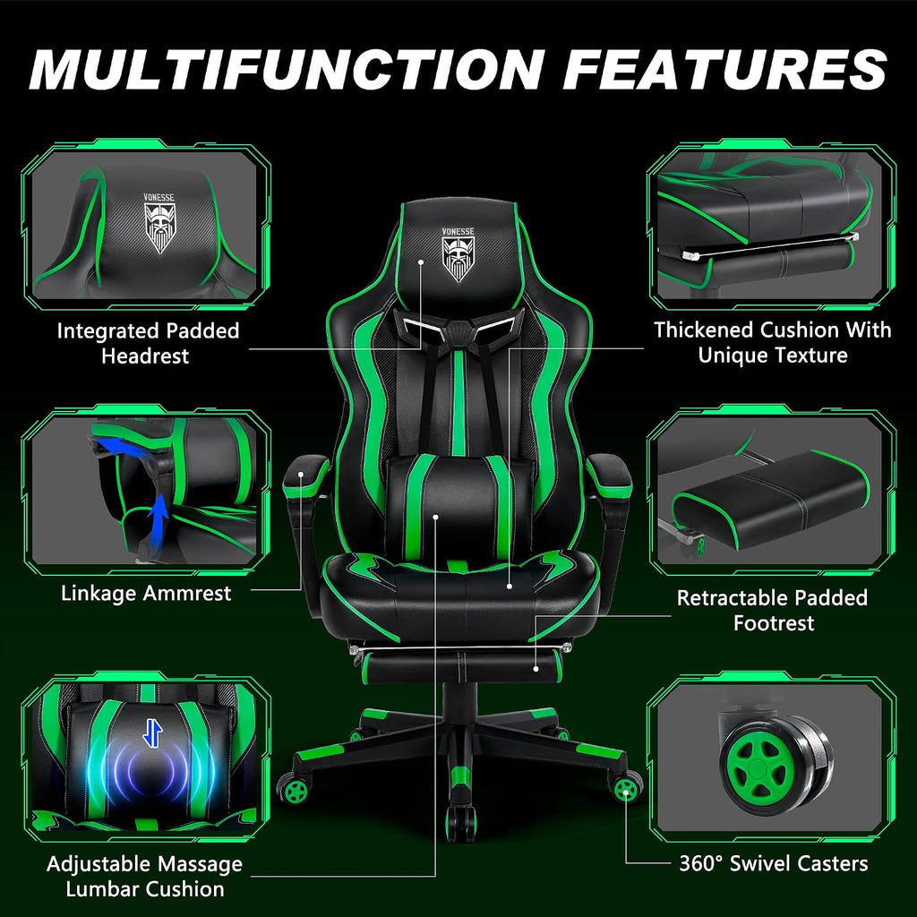 Vonesse Gaming Chair with Footrest, Big and Tall Gamer Chair with Massage, Reclining Computer Gaming Chair for Adults, Ergonomic Game Chair for Teens, High Back Video Game Chairs(Green/Black)