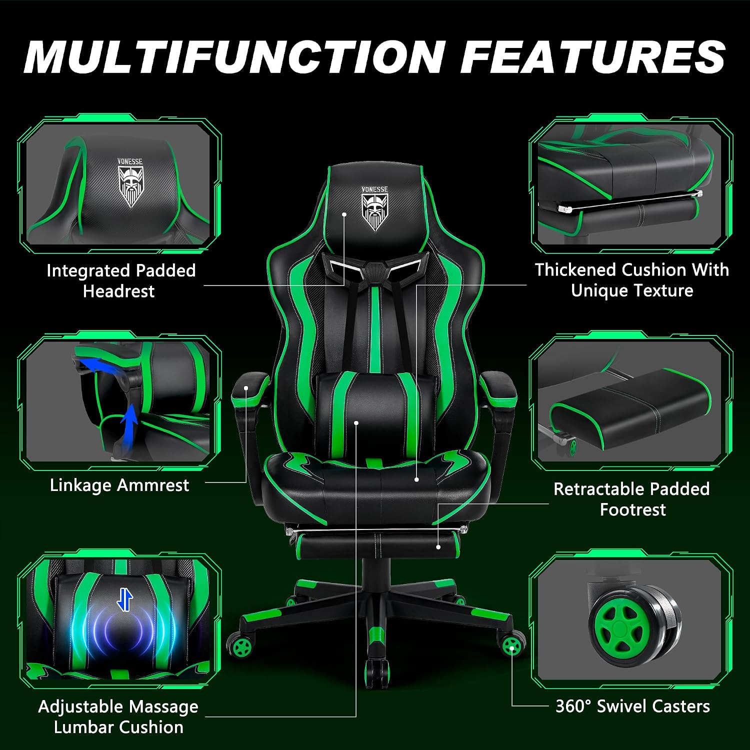 Vonesse Gaming Chair with Footrest, Big and Tall Gamer Chair with Massage, Reclining Computer Gaming Chair for Adults, Ergonomic Game Chair for Teens, High Back Video Game Chairs(Green/Black)