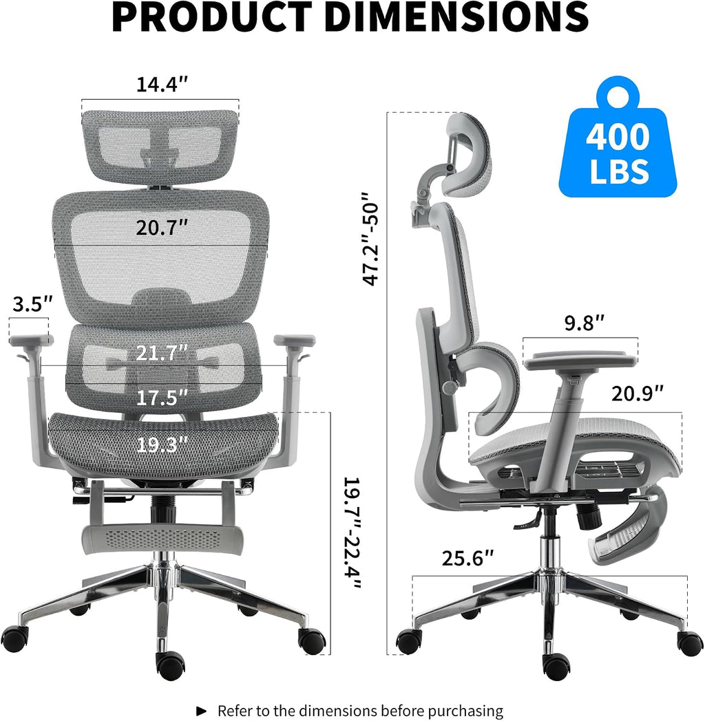 Mesh Ergonomic Office Chair with Footrest, High Back Mesh Gaming Chair with Lumbar Support, Adjustable Headrest and Armrests for Home Office Desk Chair (Modern, Grey)