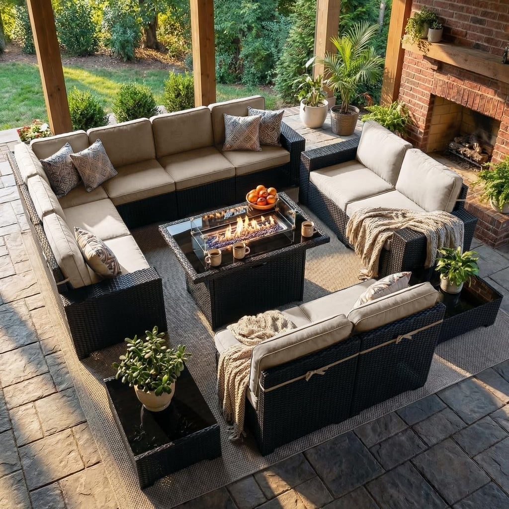 LayinSun 13 Pieces Outdoor Patio Furniture Set with 44' Fire Pit Table Rattan Sectional Sofa Conversation Sets