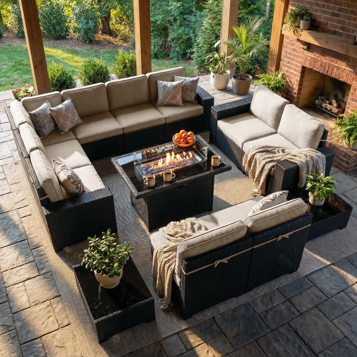 LayinSun 13 Pieces Outdoor Patio Furniture Set with 44' Fire Pit Table Rattan Sectional Sofa Conversation Sets
