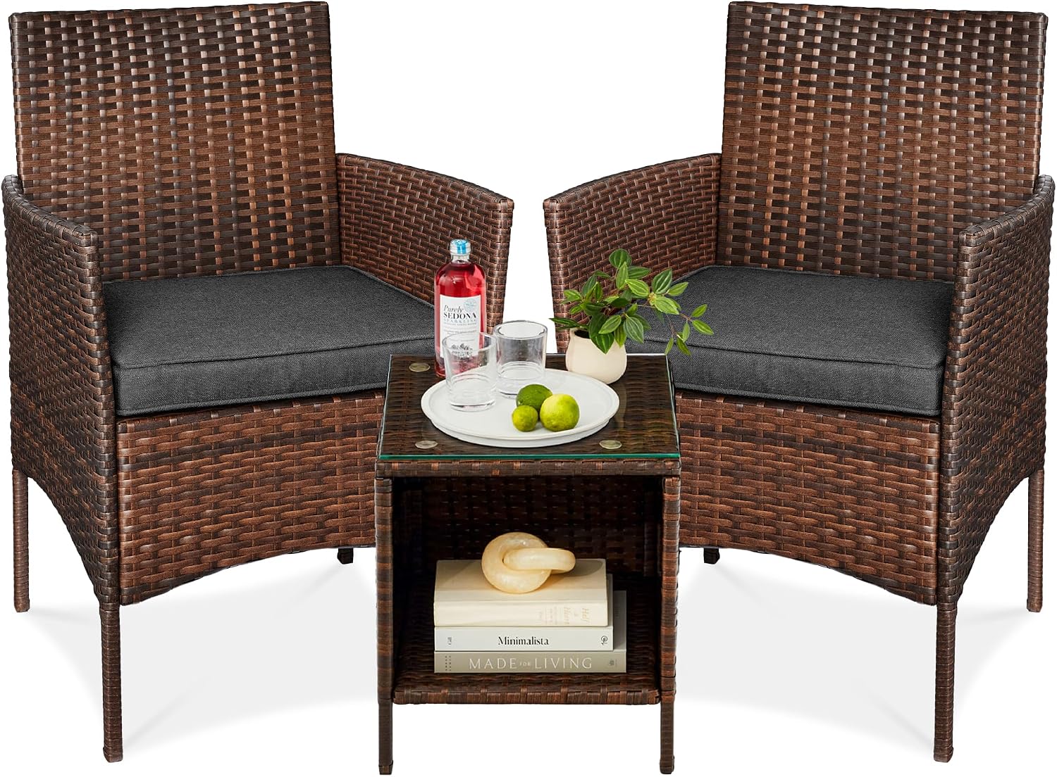 Best Choice Products 3-Piece Outdoor Wicker Conversation Bistro Set, Space Saving Patio Furniture for Garden w/Side Table - Brown/Stone Gray