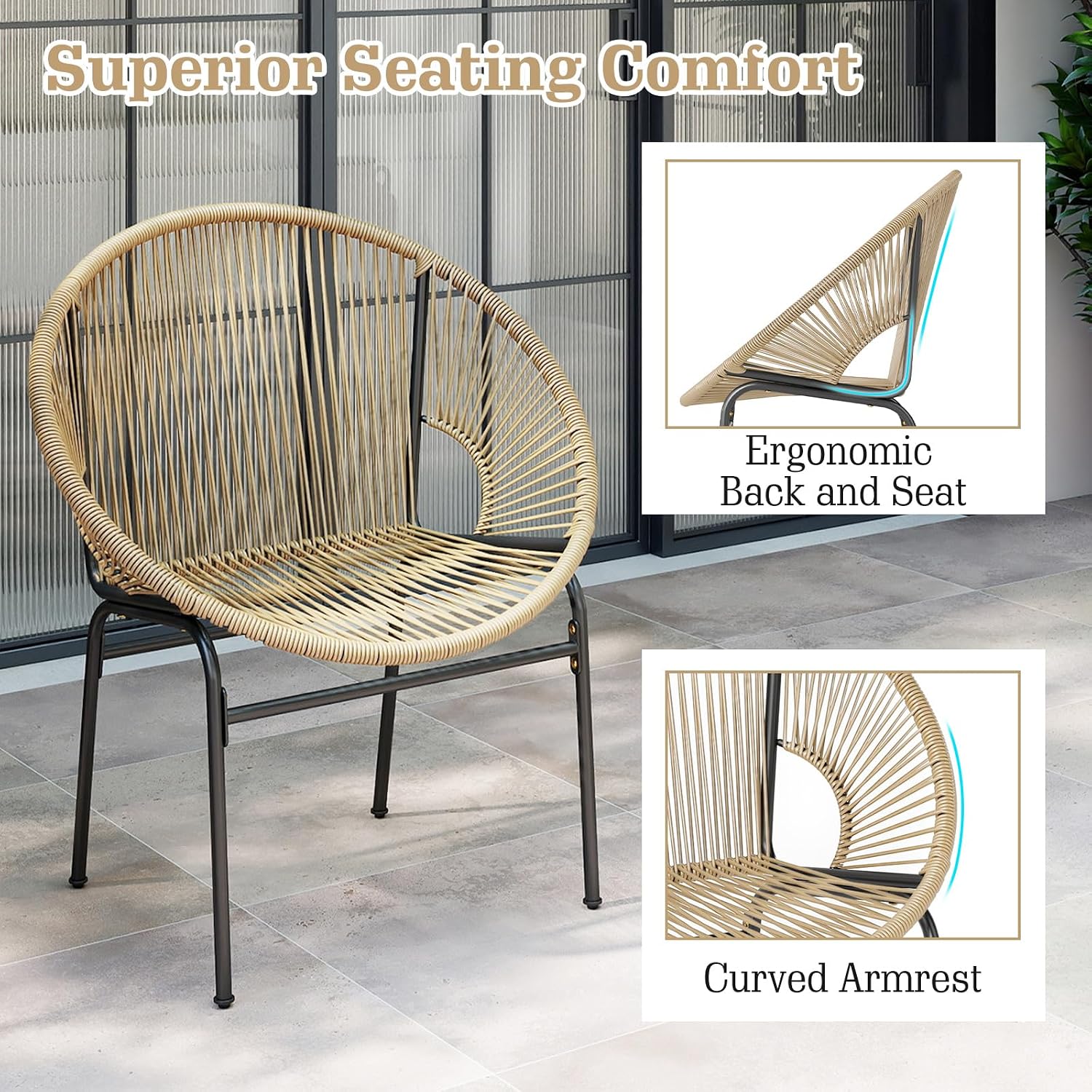 Tangkula 3 Piece Outdoor Patio Furniture Set, Acapulco Chair Set w/Plastic Rope, Tempered Glass Table, All Weather Patio Bistro Set for Patio, Lawn, Garden, Backyard (Brown)