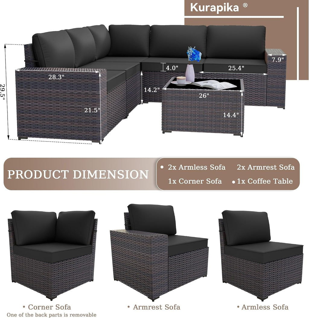 Kurapika 6 Pieces Patio Furniture Set, Rattan Wicker Outdoor Conversation Sets w/4 Inch Cushion and Glass Coffee Table(Black)