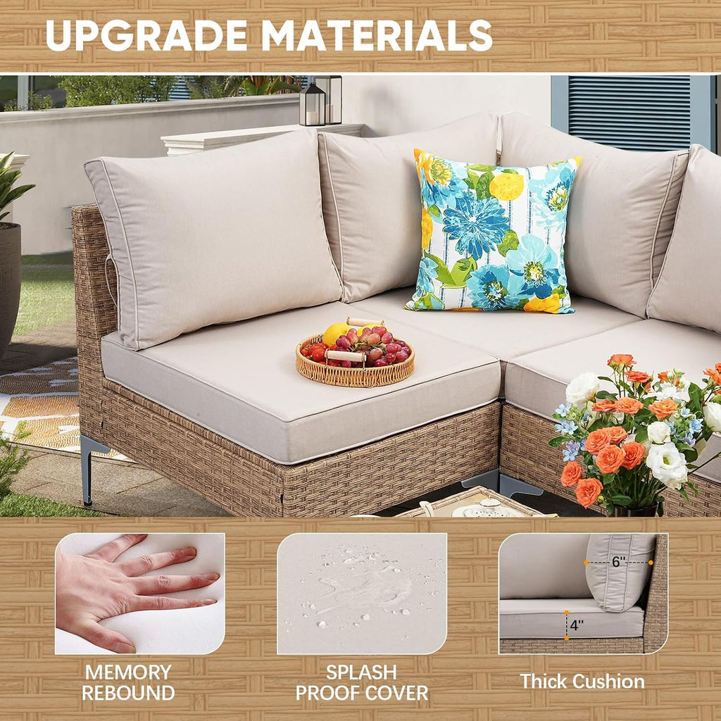 JOYURE 7 Piece Wicker Patio Furniture Set,Outdoor Conversation Sectional Sofa w/Coffee Table,All-Weather Outdoor Sofa with Thick and Anti-Slip Cushions for Deck,Poolside,Garden,Beige