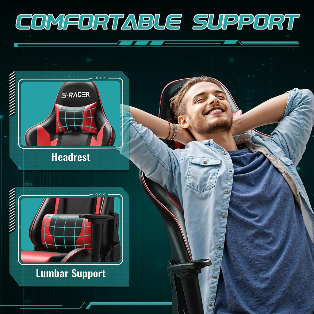 Furniwell Gaming Chair - High Back Computer Desk Chair with Headrest and Lumbar Support (Red)