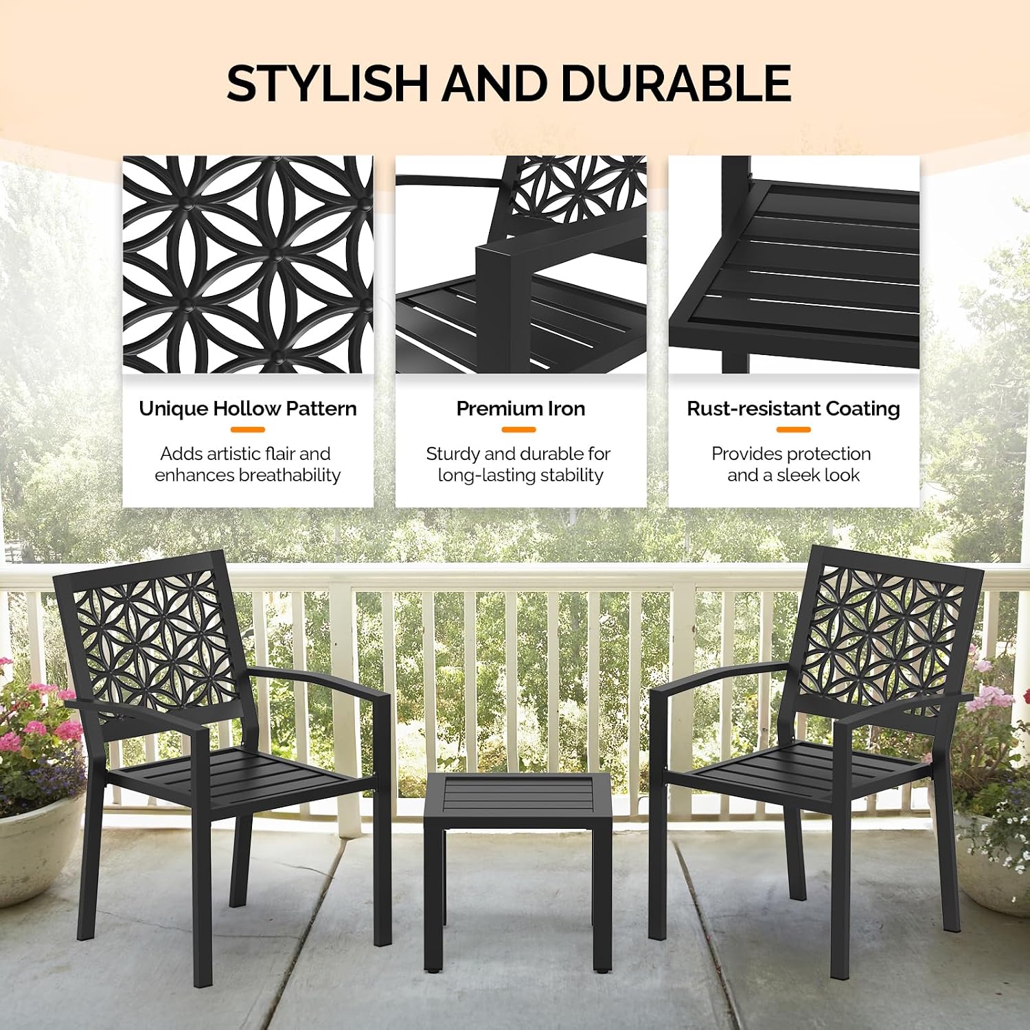 VINGLI 3-Piece Outdoor Bistro Set, Stackable Modern Metal Steel Table and Chairs with Rust-Resistant Coating, Small Patio Furniture Conversation Set for Porch, Deck, Balcony, Garden, Black