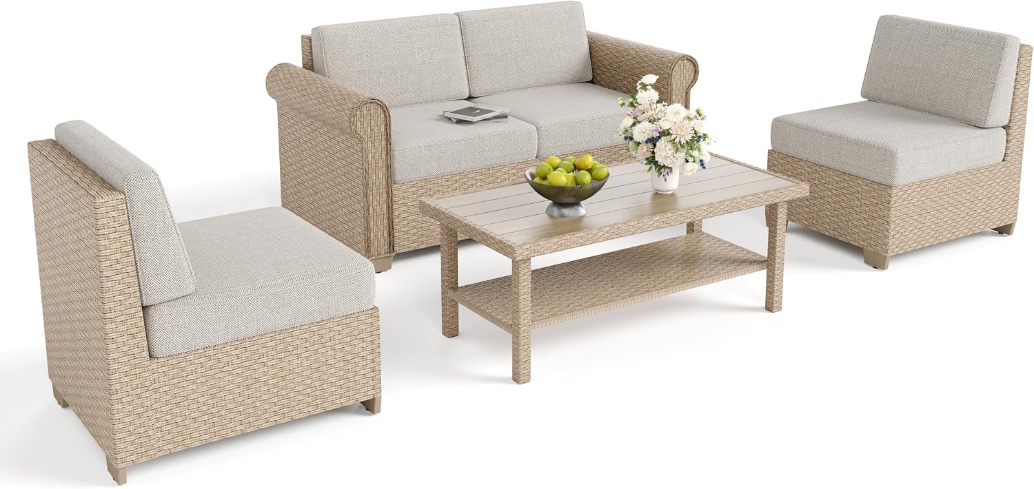 Patio Furniture Set 5 Piece, Wicker Rattan Sectional Sofa Couch with 5.5' Thick Waterproof Cushions and Coffee Table, All weather Modular Outdoor Conversation Set for Lawn Backyard and Deck, Beige