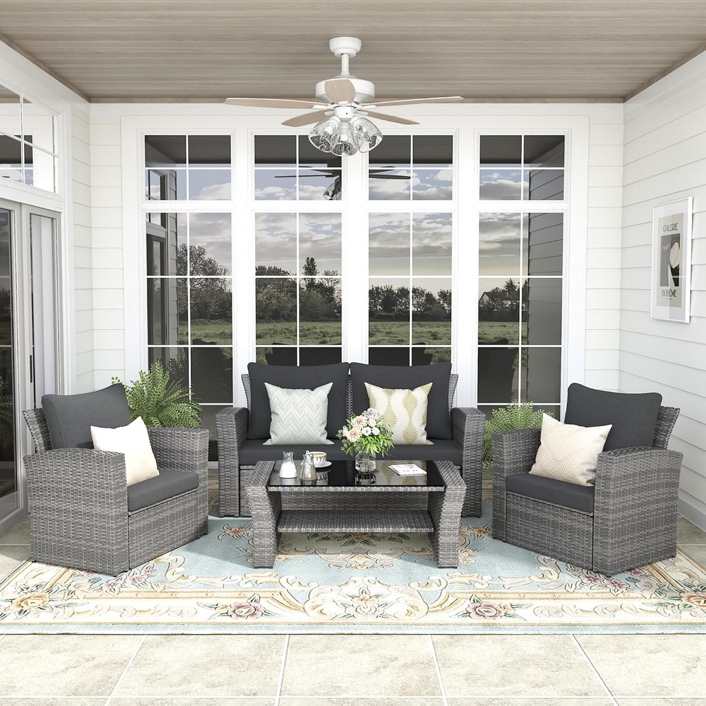 FansaFurn 4-Piece Outdoor Patio Furniture Set, All Weather Wicker Rattan Sectional Sofa Conversation Seating Set with Cushions & Large Glass Coffee Table, Ideal for Garden Backyard Porch, Dark Grey