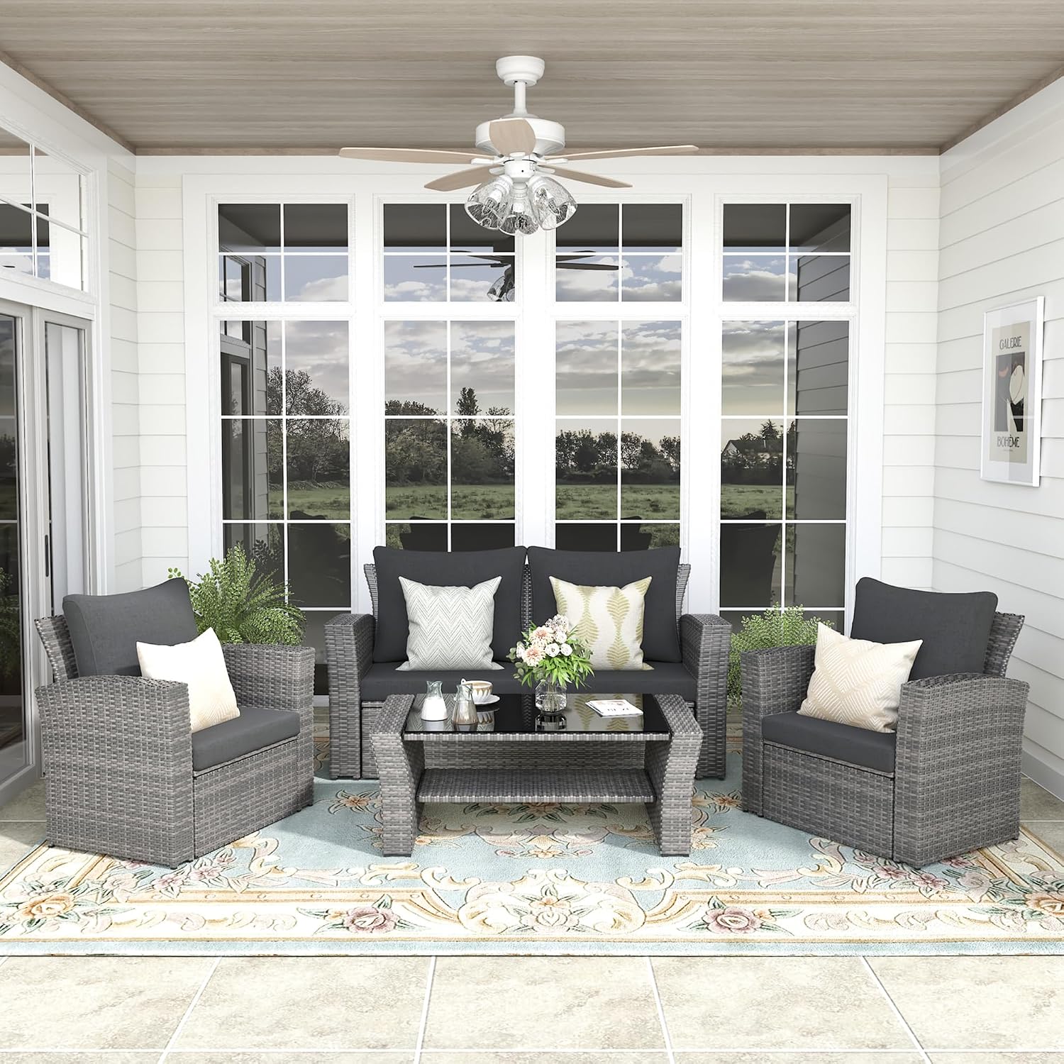 FansaFurn 4-Piece Outdoor Patio Furniture Set, All Weather Wicker Rattan Sectional Sofa Conversation Seating Set with Cushions & Large Glass Coffee Table, Ideal for Garden Backyard Porch, Dark Grey