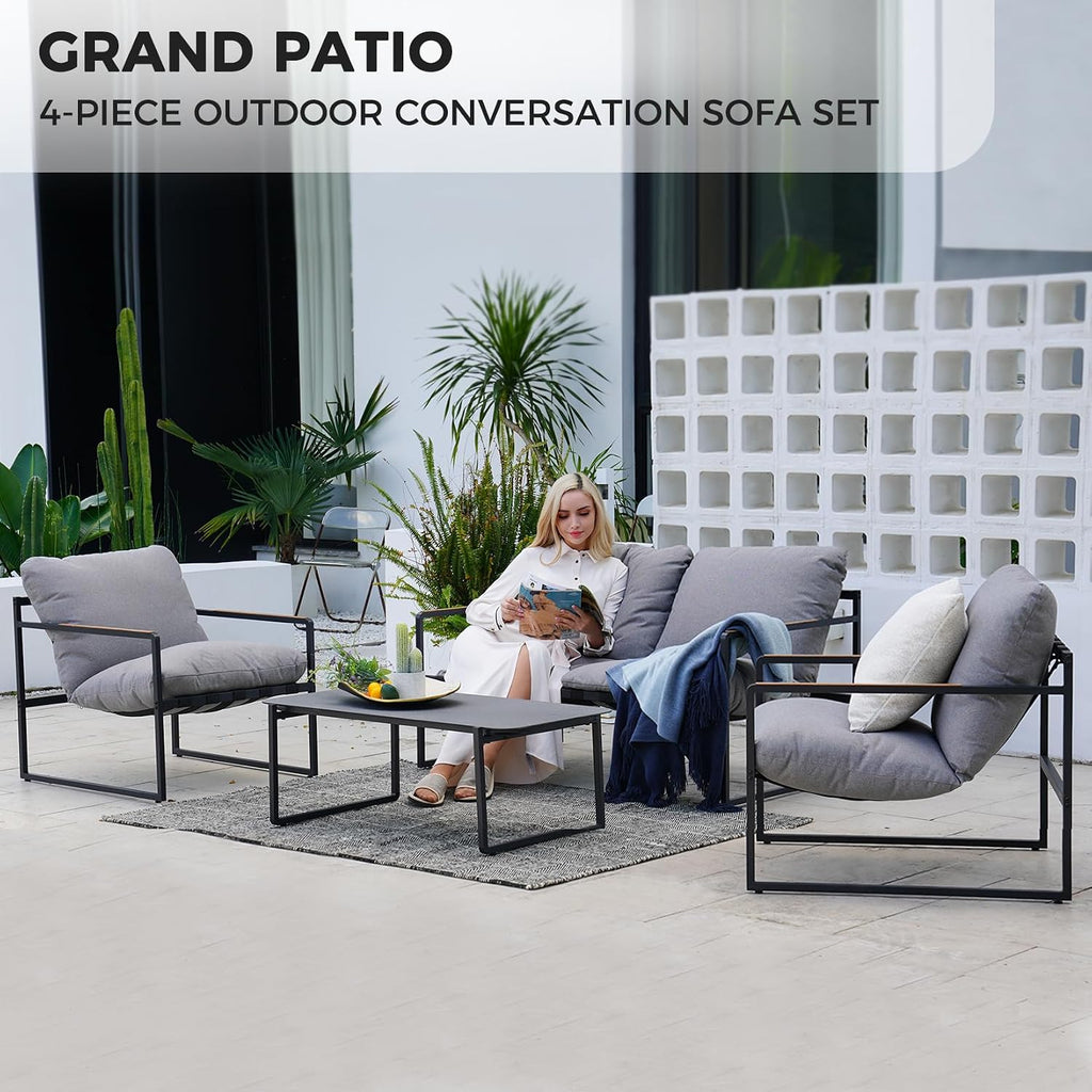 Grand Patio 4-Piece Modern Outdoor Furniture Set, Patio Sofa with Cushion, Metal Couch with Coffee Table, Conversation Set for Porch Deck Balcony Backyard Living Room
