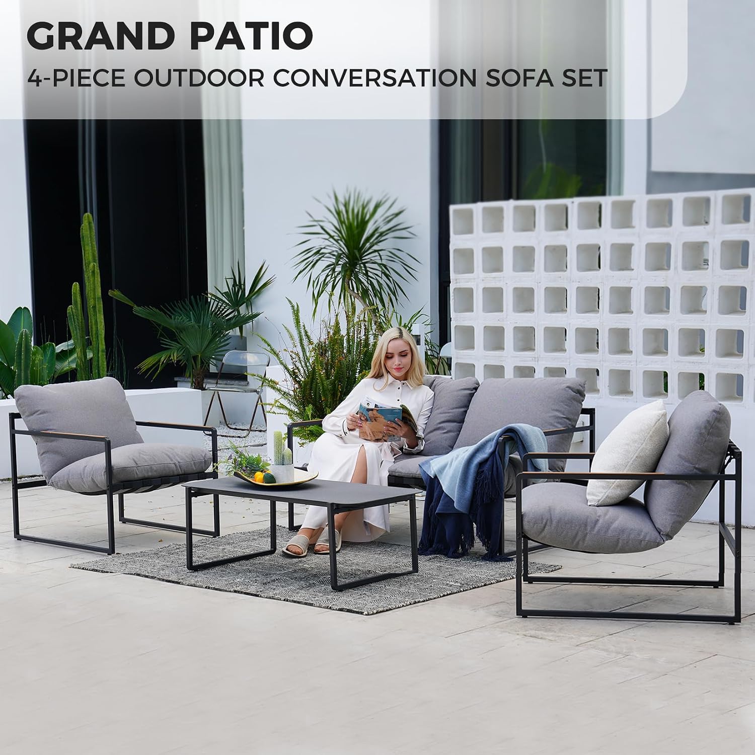 Grand Patio 4-Piece Modern Outdoor Furniture Set, Patio Sofa with Cushion, Metal Couch with Coffee Table, Conversation Set for Porch Deck Balcony Backyard Living Room