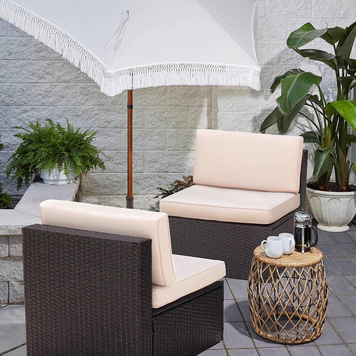 Devoko 2 Pieces Patio Furniture Sets,Wicker Outdoor Sofa with Thick Cushion and Pillow,Small Sectional Couch All-Weather Armless Sofa for Backyard,Porch & Poolside,Waterproof Patio Furniture