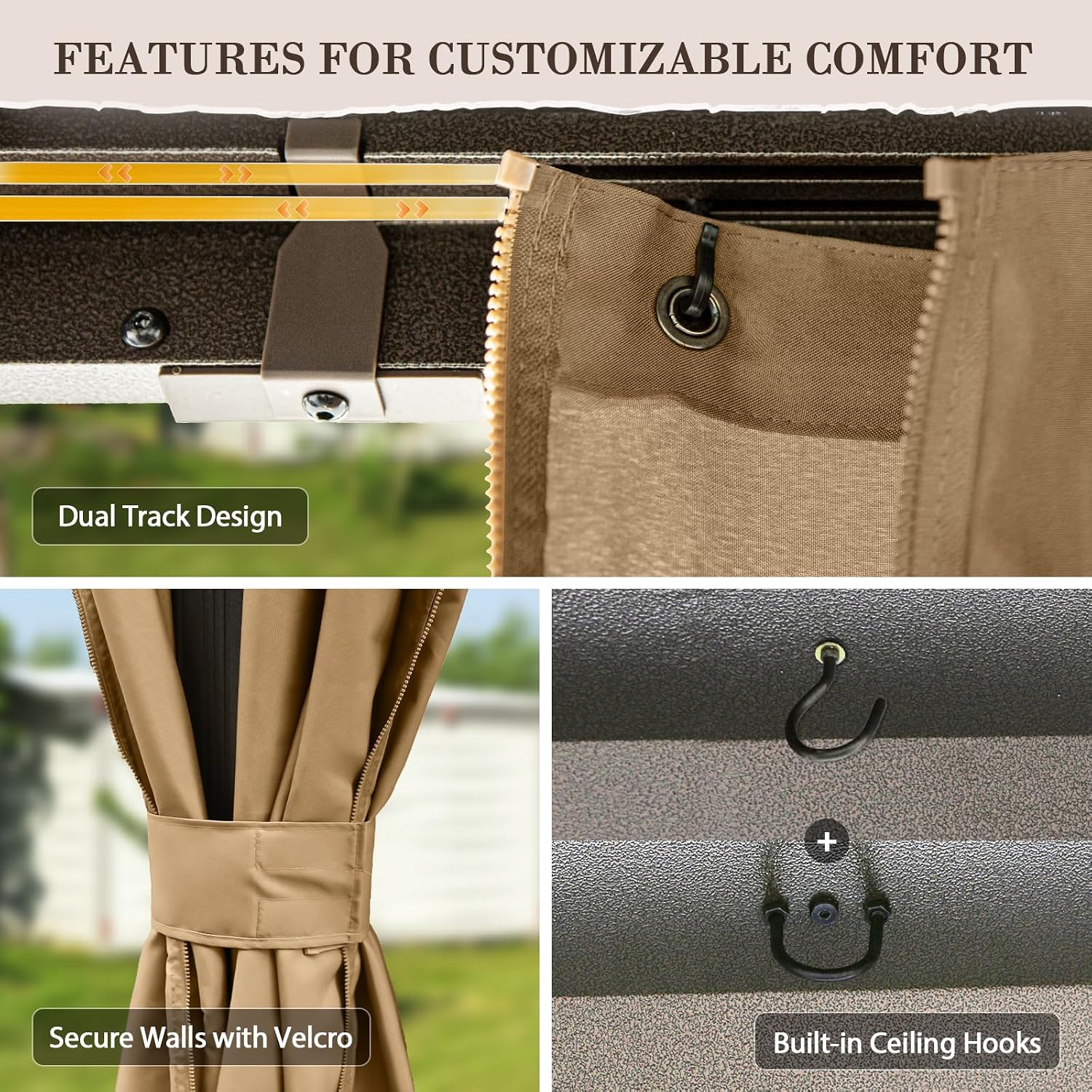 EAGLE PEAK 12x10 Hardtop Gazebo, Galvanized Steel Double Roof with Aluminum Frame, Outdoor Pavilion with Netting and Curtains for Patio, Deck, Lawn and Garden, Dark Brown/Tan