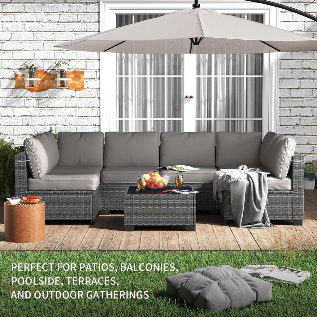 Garvee 7 Pieces Outdoor Patio Furniture Set, Rattan Wicker Sofa Set with Soft Cushions and Coffee Table, All-Weather Outdoor Furniture for Garden, Porch, Poolside, Gray&Light Gray