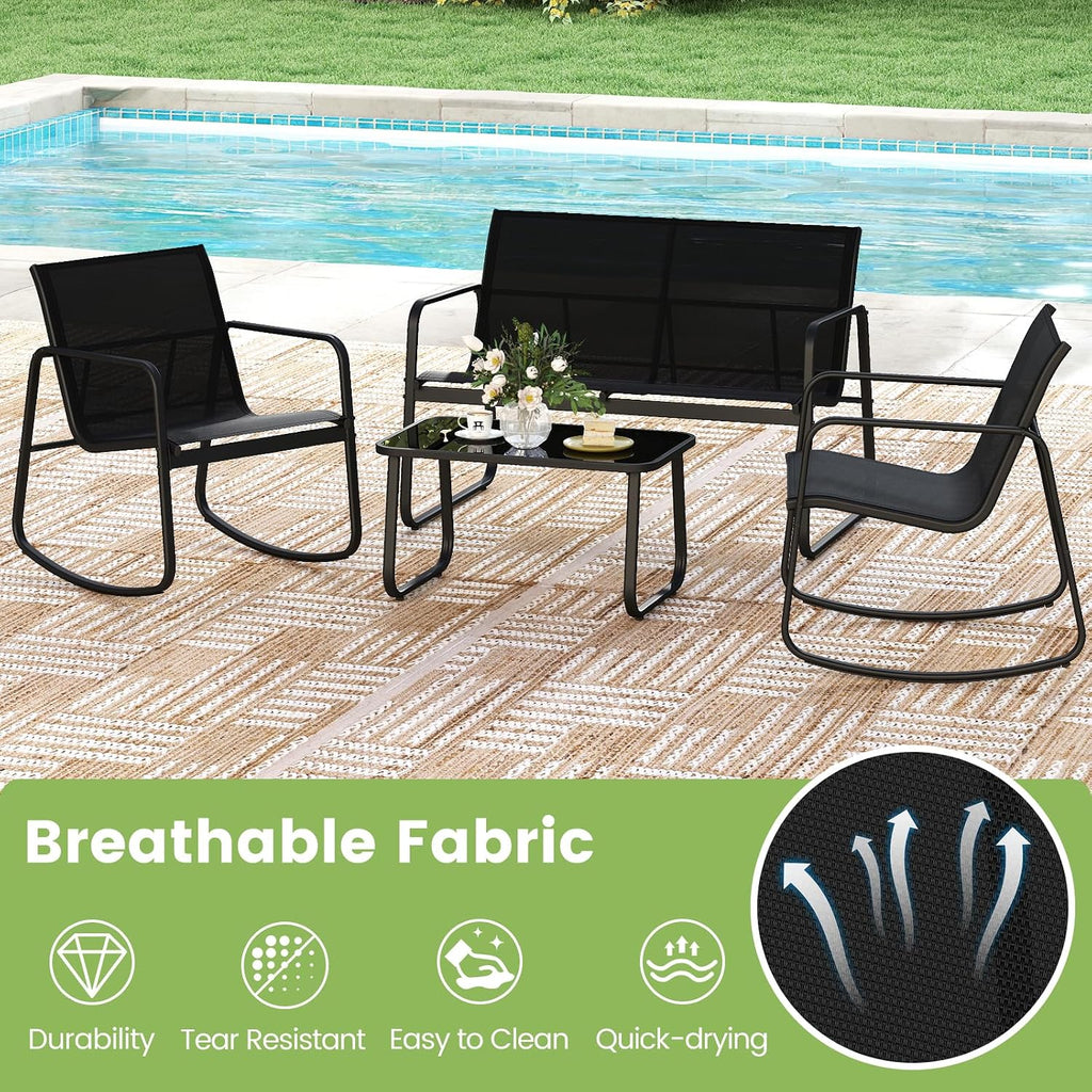 Tangkula 4 Piece Patio Furniture Set, Outdoor Rocking Bistro Set with 2 Rocking Chairs, Loveseat & Tempered Glass Coffee Table, Porch Rocker Chair Conversation Set for Balcony Poolside Garden