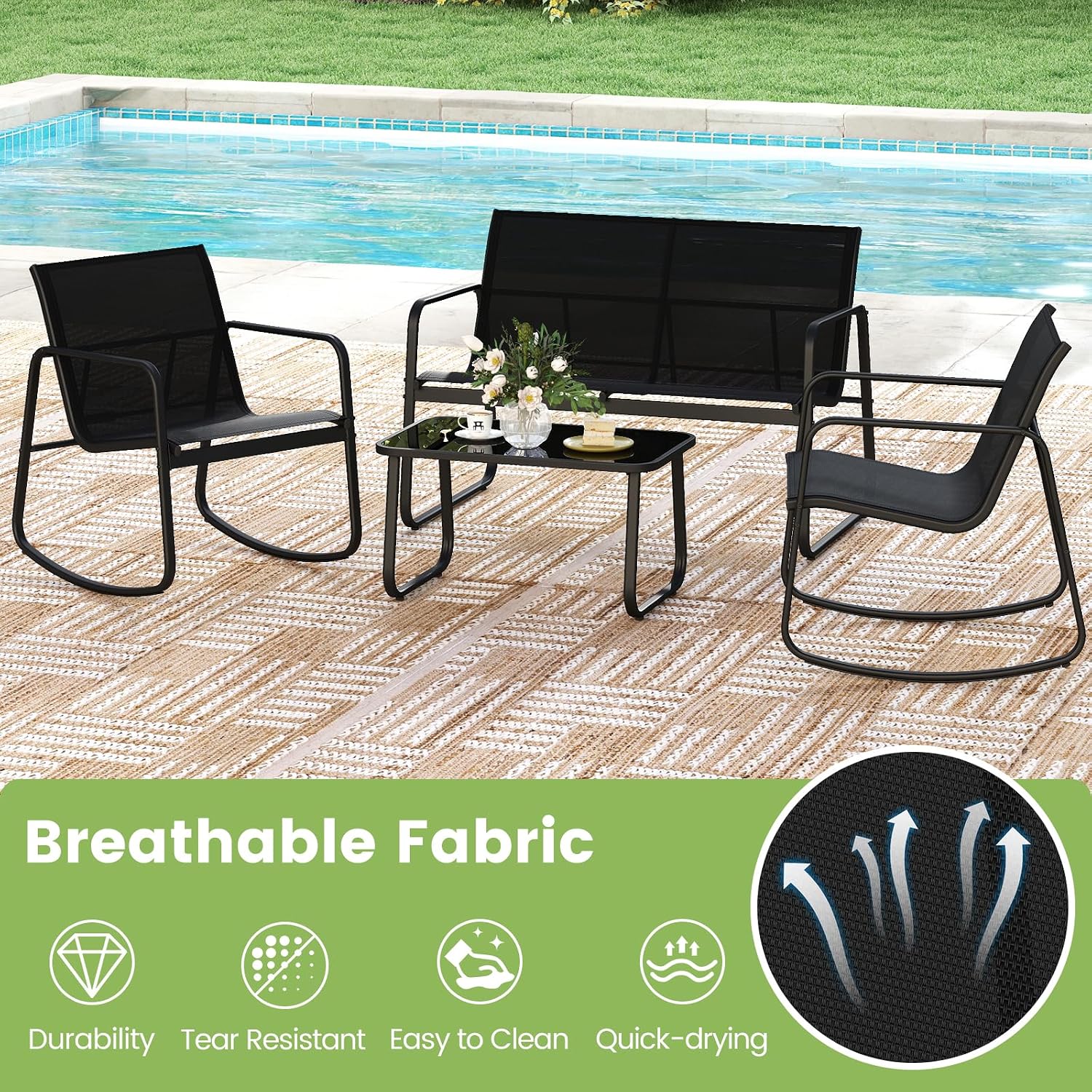 Tangkula 4 Piece Patio Furniture Set, Outdoor Rocking Bistro Set with 2 Rocking Chairs, Loveseat & Tempered Glass Coffee Table, Porch Rocker Chair Conversation Set for Balcony Poolside Garden