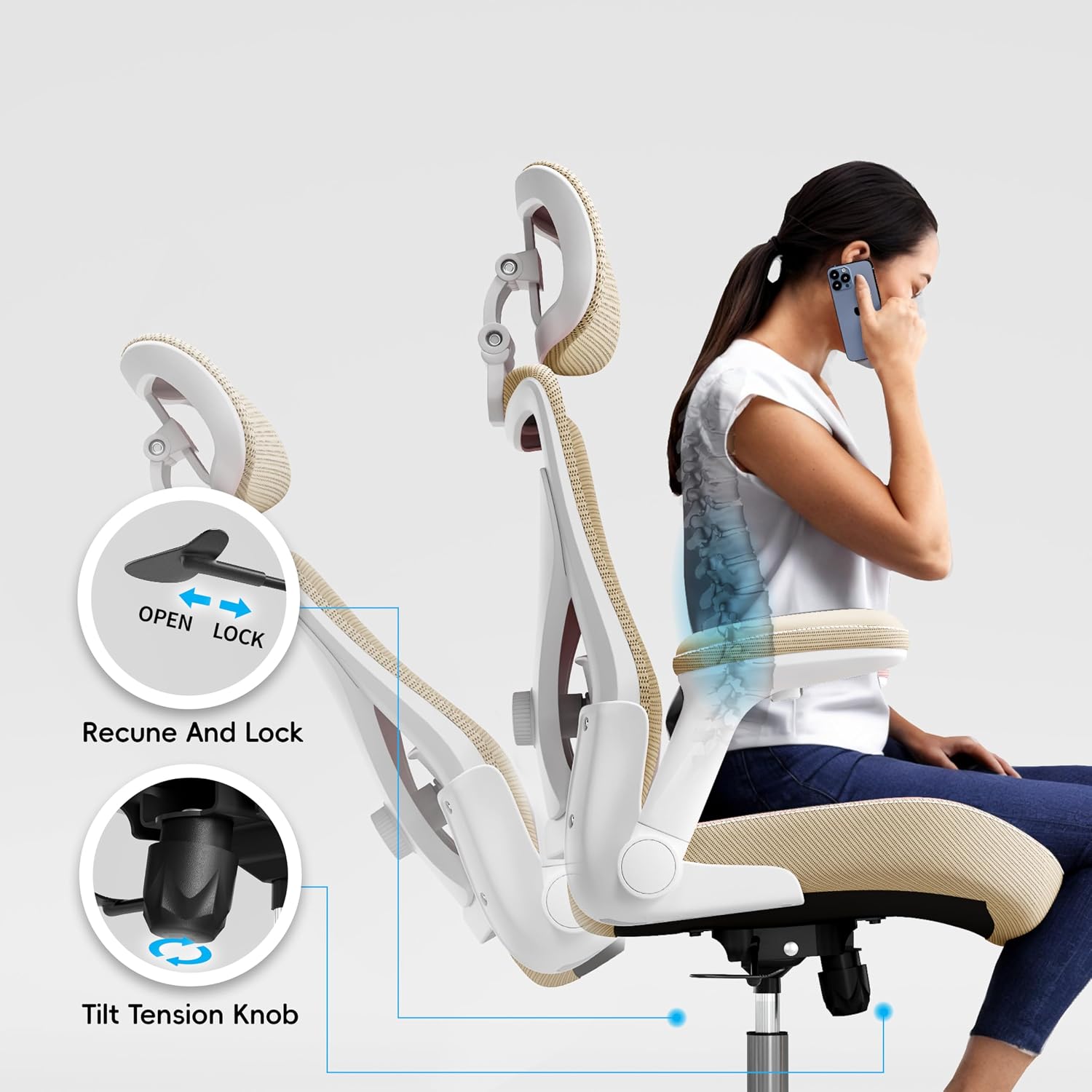 Ergalithic Office Home Ergonomic Desk Chair-Computer X-Shaped Chair Mesh PU Leather with Adjustable Lumbar Support-Executive Chair High Back with Headrest Flip-Up Arms for Long Hours (Khaki)