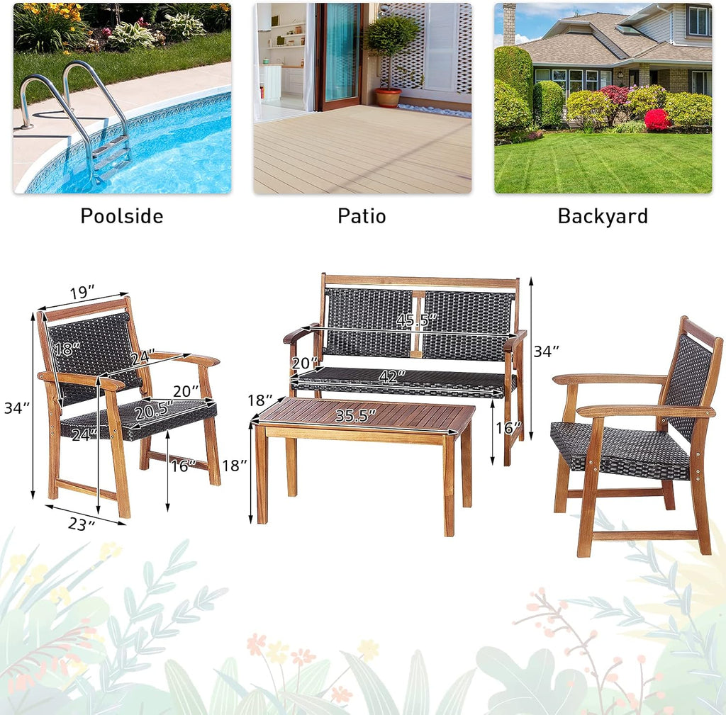 Tangkula 4 Pieces Patio Rattan Conversation Set with Acacia Wood Frame, Patiojoy Outdoor Furniture Set with Chairs & Coffee Table, Sectional Furniture Set for Garden, Backyard, Poolside