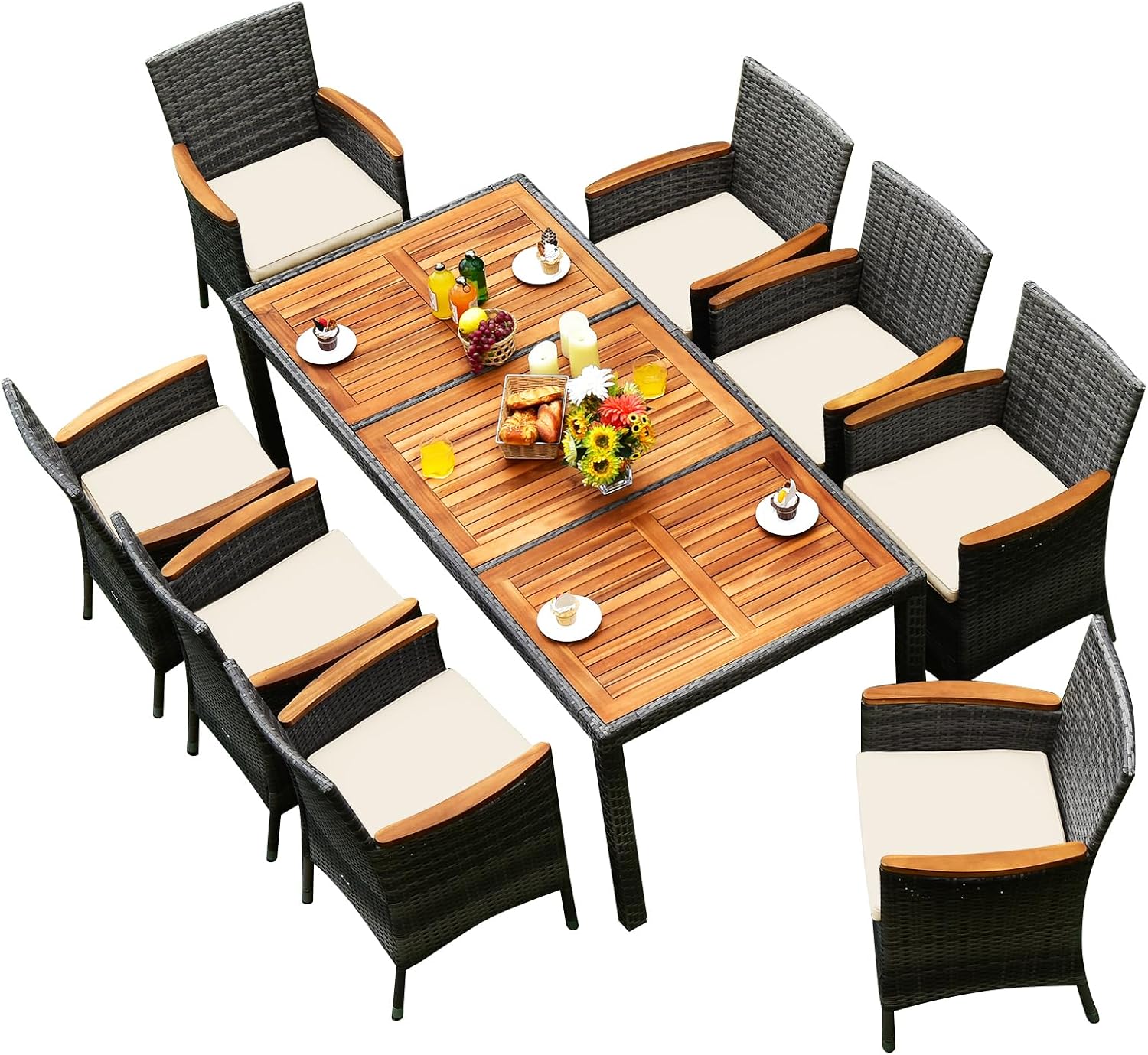 COSTWAY 9-Piece Patio Dining Set for 8, Outdoor Rattan Wicker Table and Chairs Furniture Set with Umbrella Hole, Acacia Wood Tabletop for Backyard, Balcony, Poolside, Grey & White