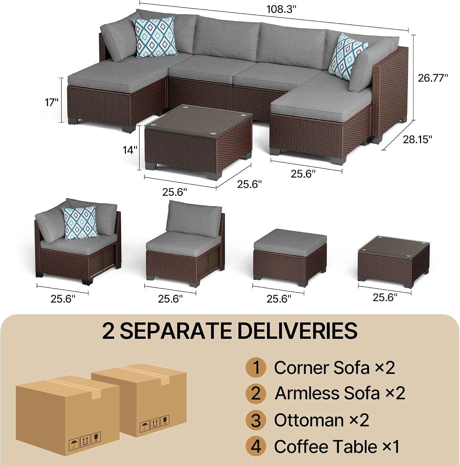 Gizoon 7 Pieces Outdoor Patio Furniture Set, All-Weather PE Rattan Wicker Sectional Sofa Seating with Waterproof Cushions and Coffee Table, Outdoor Conversation Set for Garden, Backyard, Balcony