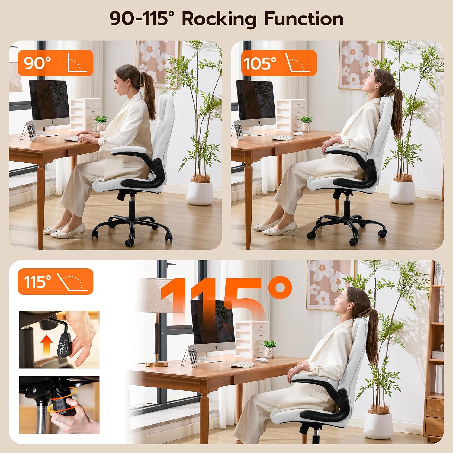 Ylzyxal Office Desk Chair, Ergonomic Computer Chair with Padded Flip-Up Arms and Adjustable Lumbar Support, PU Leather Executive Chair with Tilt Lock and 360° Swivel Rolling Wheels for Work, Study