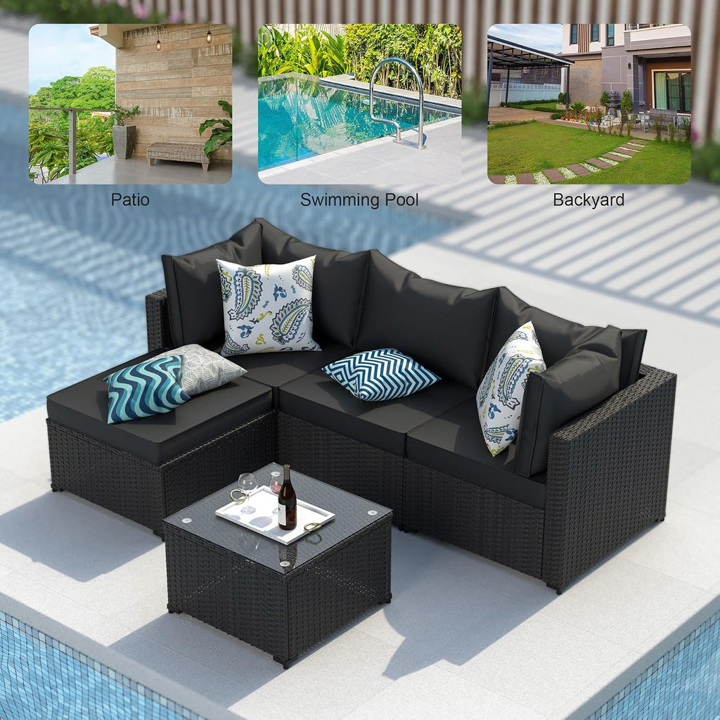 GOJOOASIS Patio Furniture Set Outdoor Sectional Sofa with Ottoman Wicker Couch Rattan Modular Seating Conversation Sets Porch Decor for Backyard, Balcony, Garden (Black)