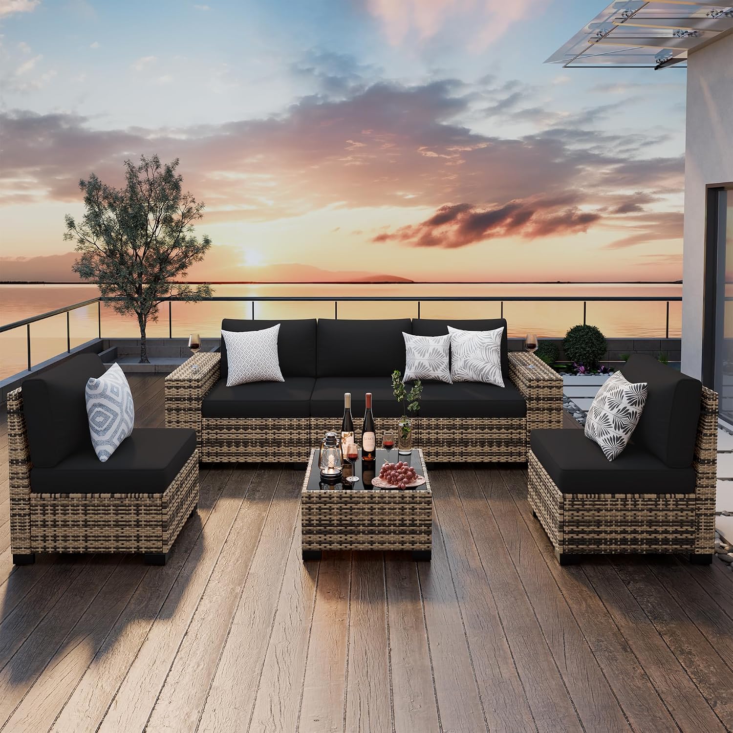 Amopatio 6 Piece Patio Furniture Set with 8' Armrest & 4' Thiken Cushion, Outdoor Wicker Rattan Sectional Sofa Conversation Set for Backyard, Garden, Poolside(Black Cushion)
