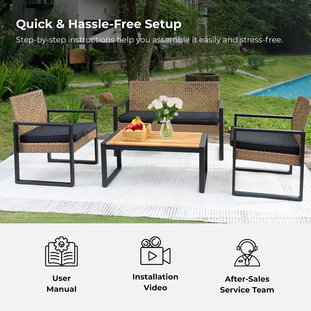Merax 4 Pcs Patio Furniture Set, Outdoor Acacia Wood Table with 3 Chairs, All-Weather Garden Balcony Backyard Lawn Conversation Set (Black and Light Brown)