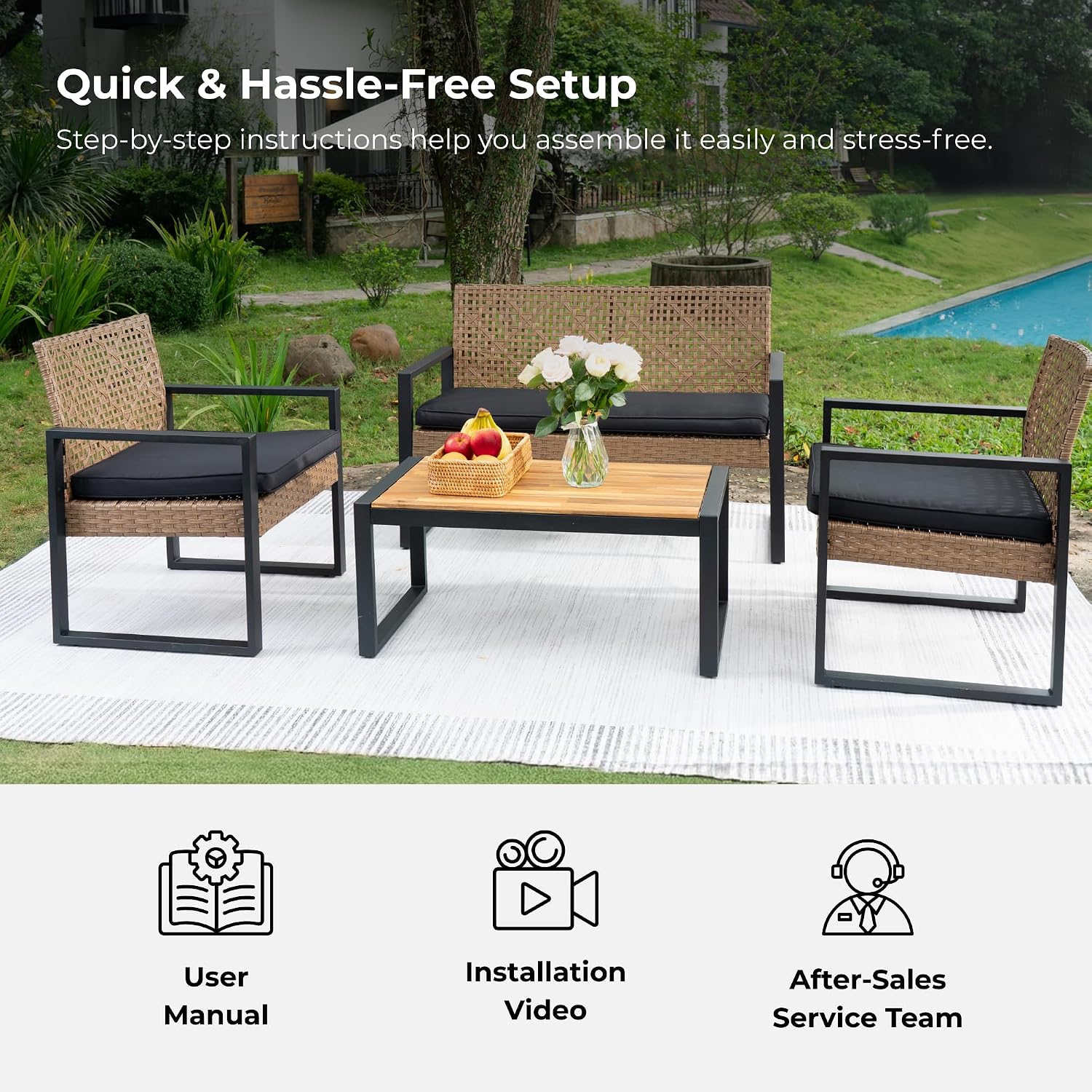 Merax 4 Pcs Patio Furniture Set, Outdoor Acacia Wood Table with 3 Chairs, All-Weather Garden Balcony Backyard Lawn Conversation Set (Black and Light Brown)