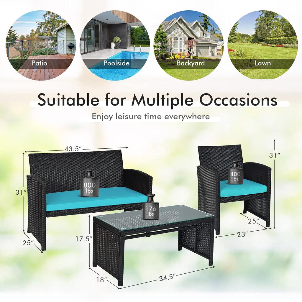 Goplus Rattan Patio Furniture Set 4 Pieces, Outdoor Wicker Conversation Sofa and Table Set with Soft Cushions & Tempered Glass Coffee Table for Balcony Garden Backyard (Turquoise)