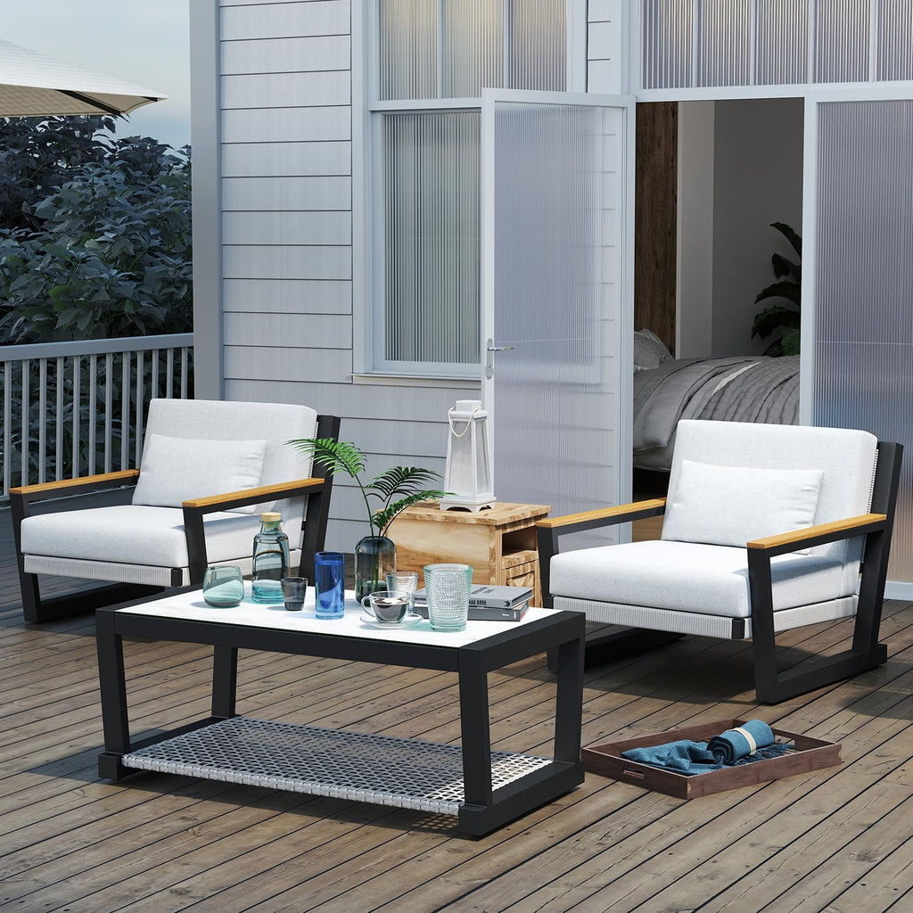 Aug-guan Aluminum Outdoor Patio Furniture Set 5 Seat, Patio Conversation Set with Durable Mesh Rope Weaving, Wide Armrests and Seats, Metal Sofa Set for Patio Grey
