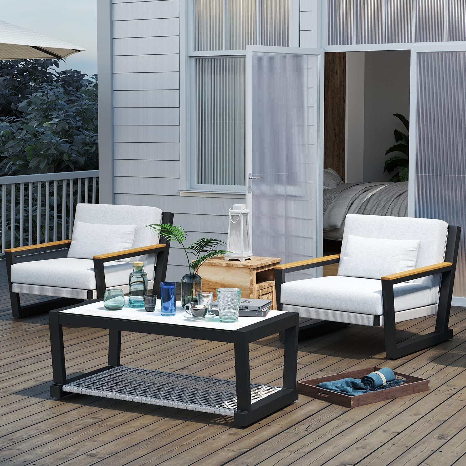 Aug-guan Aluminum Outdoor Patio Furniture Set 5 Seat, Patio Conversation Set with Durable Mesh Rope Weaving, Wide Armrests and Seats, Metal Sofa Set for Patio Grey