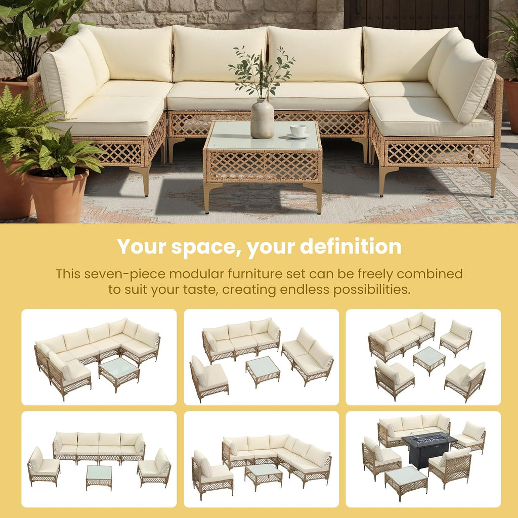 PORWEY 7 Piece Patio Furniture Set, Outdoor Wicker Sectional Conversation Set with Water Resistant Thick Cushions & Tempered Glass Coffee Table for Backyard, Porch, Yellow/Beige