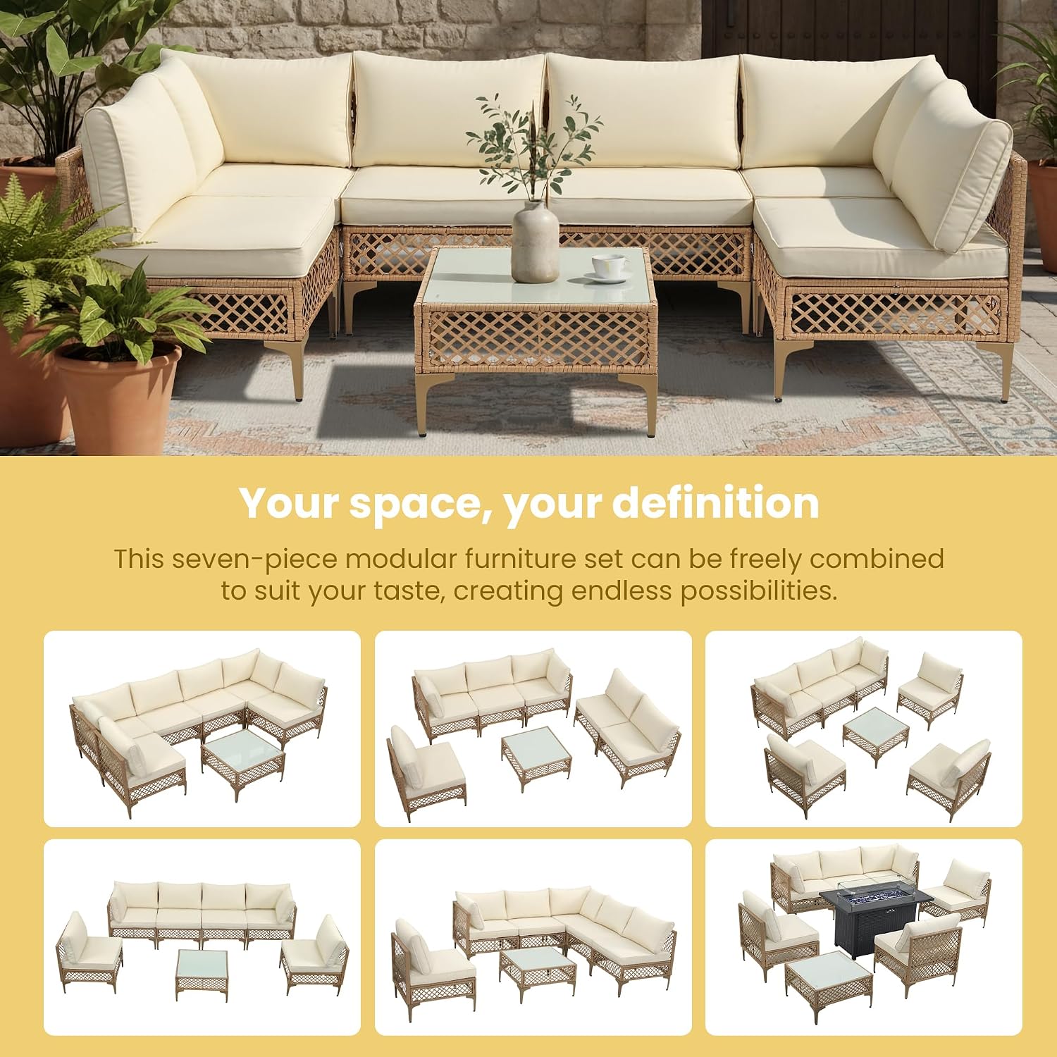 PORWEY 7 Piece Patio Furniture Set, Outdoor Wicker Sectional Conversation Set with Water Resistant Thick Cushions & Tempered Glass Coffee Table for Backyard, Porch, Yellow/Beige