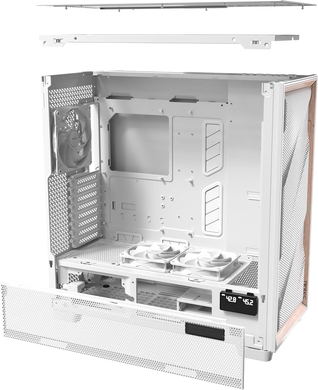 Antec Flux Pro White, 6 x PWM Fans Included, High-Airflow Front Panel with Birch Wood, iShift PSU 90° Mount, USB3.0 x 2, Type-C, 420mm Radiator Support, Temp. Display, Full-Tower E-ATX PC Case