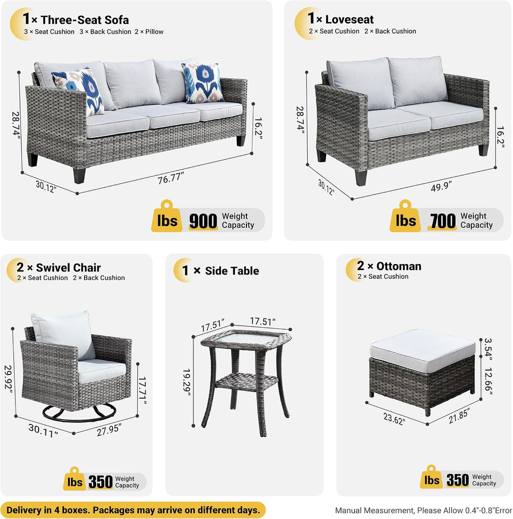 ovios 7-Pieces Patio Furniture Set, Outdoor Wicker Sofa Couch with Swivel Glider Chairs Loveseat Comfy Cushions Modern Conversation Set for Backyard Porch, Grey