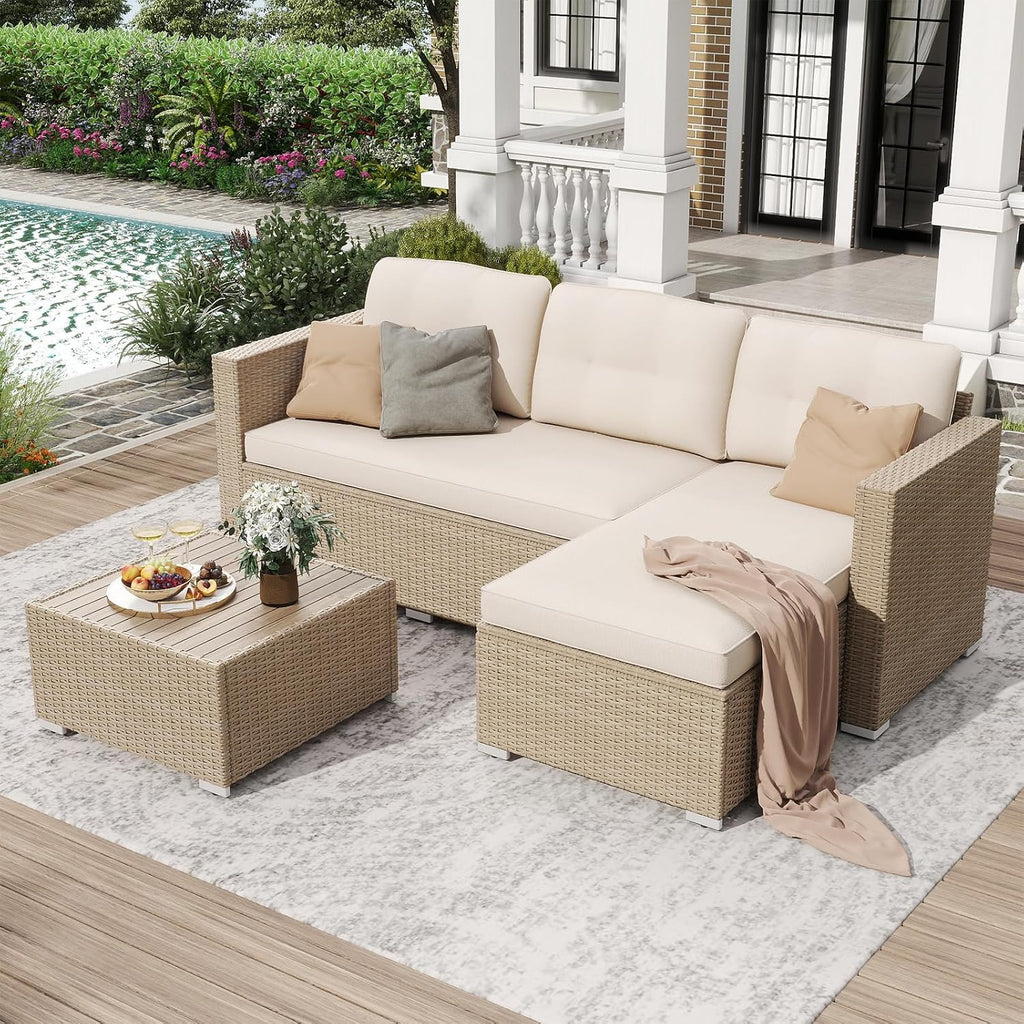 JOIVI 3 Piece Patio Furniture Set, L Shaped Wicker Rattan Outdoor Sectional Couch Conversation Set with Cushions & Wooden Top Coffee Table, All Weather Patio Sofa Set for Balcony or Porch, Beige