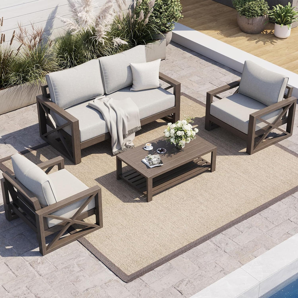 UDPATIO Aluminum Patio Furniture Set, Faux Wood Grain Modern Outdoor Furniture, 6' Cushions Metal Patio Conversation Sofa with Coffee Table for Poolside Deck, 5 PCS, Beige(Include 600D Covers)